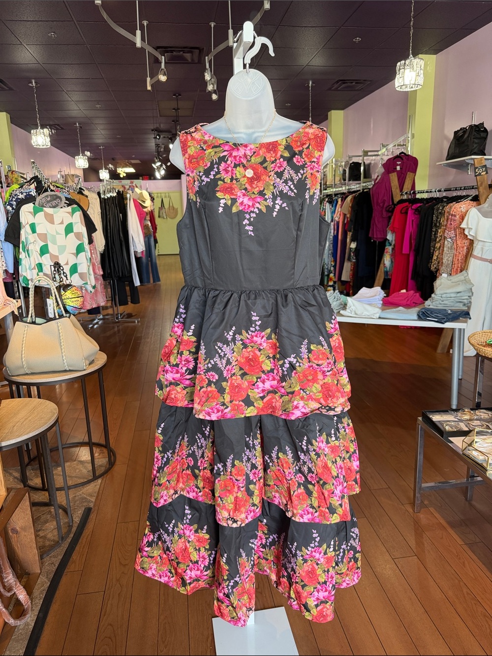 Black Tiered Floral Midi Dress with Pink & Red Blooms